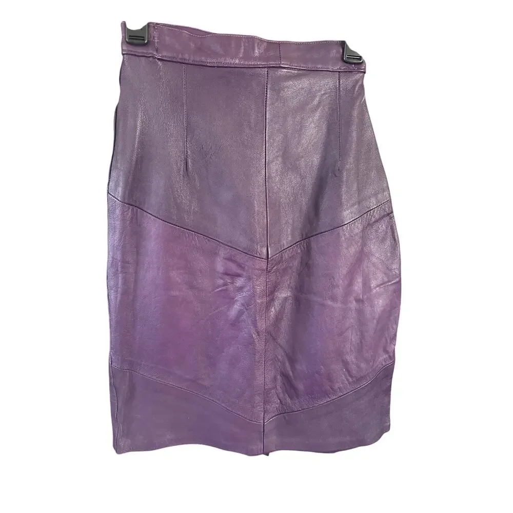 Vintage MiPiel Purple Real Leather Pencil Skirt  80s 90s | Size 12 (Modern 0–2)